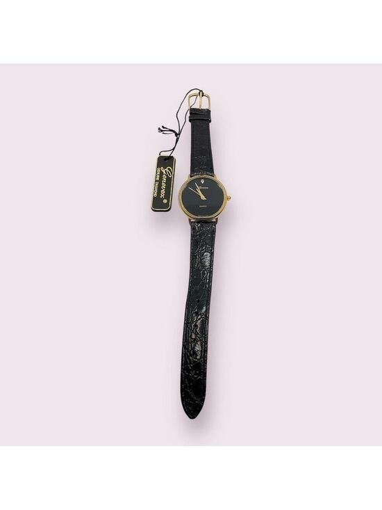 Genevex Accessories - Genevex Diamond Quartz Gold Tone Stainless Steel Leather Strap Watch